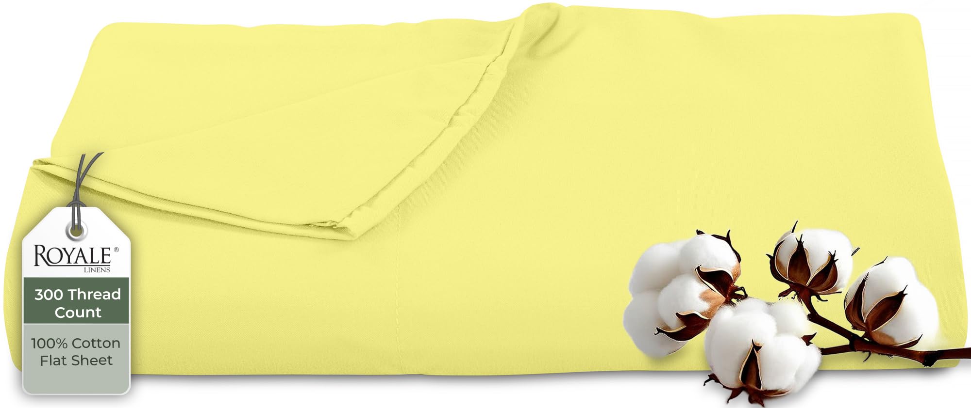 Royale Linens 300 Thread Count 100% Cotton King Flat Sheet - Super Soft Flat Sheets Only - Top Sheet Only Sold Separately - Breathable, Cool &amp; Crisp Yellow Flat Sheet (King, Yellow)