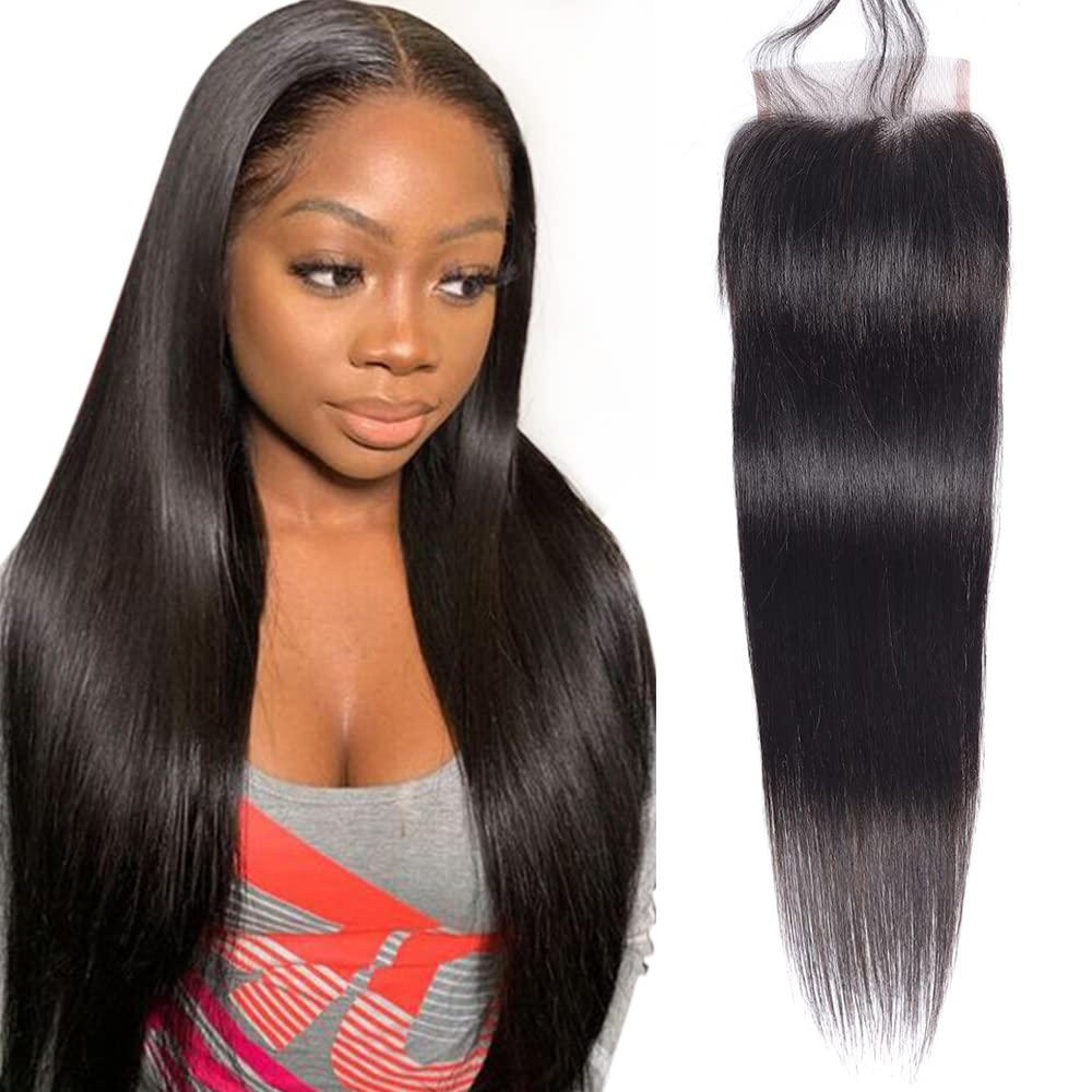 4X4 HD Lace Closure Straight Human Hair 14 Inch Transparent Pre Plucked with Natural Hairline Bleached Knots Unprocessed Brazilian Virgin Human Hair 4x4 Free Part Closure