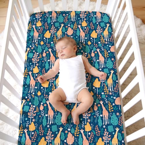 Image of JISEN Baby Crib Sheets Soft Breathable Giraffe Fitted Crib Sheets for Standard Crib and Toddler Mattress Baby Bed Sheets for Boys Girls Neutral 52x28 Inch Forest