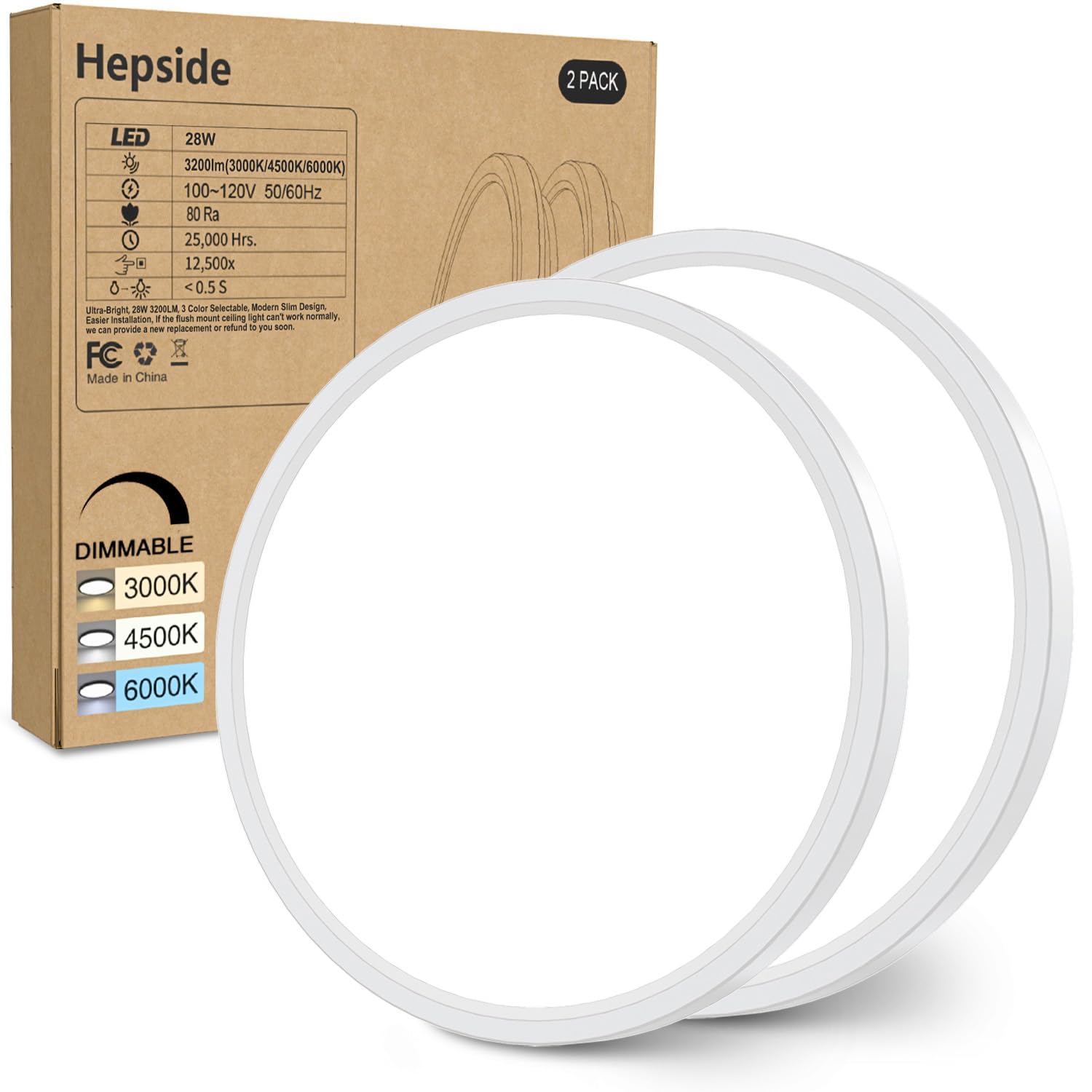 2PACK Flush Mount LED Ceiling Light Fixture White, 12Inch 28Watt, Dimmable & 3000K-4500K-6000K 3 Color Selectable Ceiling Lamp 3200LM Low Profile Ceiling Light for Kitchen Bedroom Hallway Porch