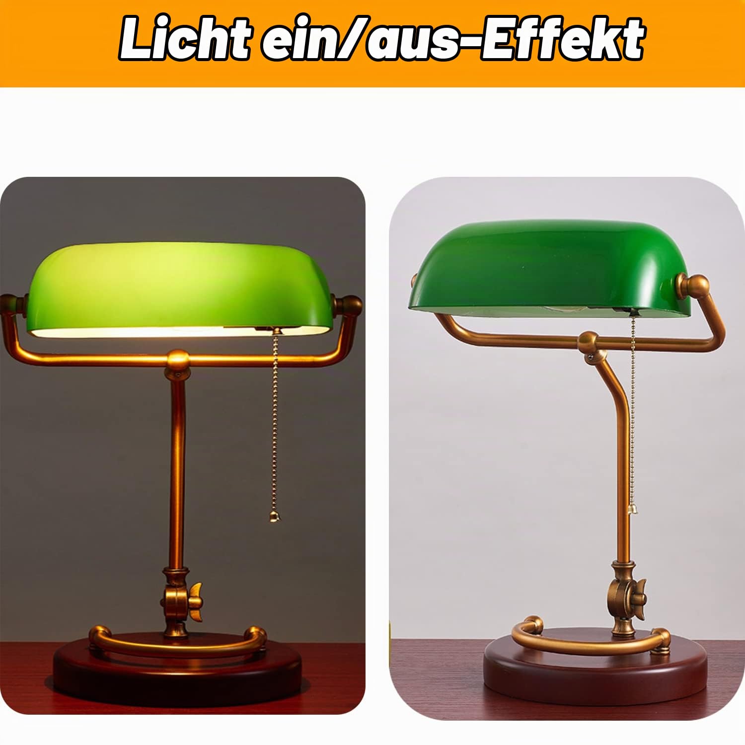 Traditionelle Bankerlampe Grünmit Zugschalter, Retro Schreibtischlampe Bankers Lamp, Messing Finish, mit Nostalgie Grün Glasschirm Und Holzfuß, E27 Nachttischlampe Verstellbar Bürolampe,Inkl Glühlampe