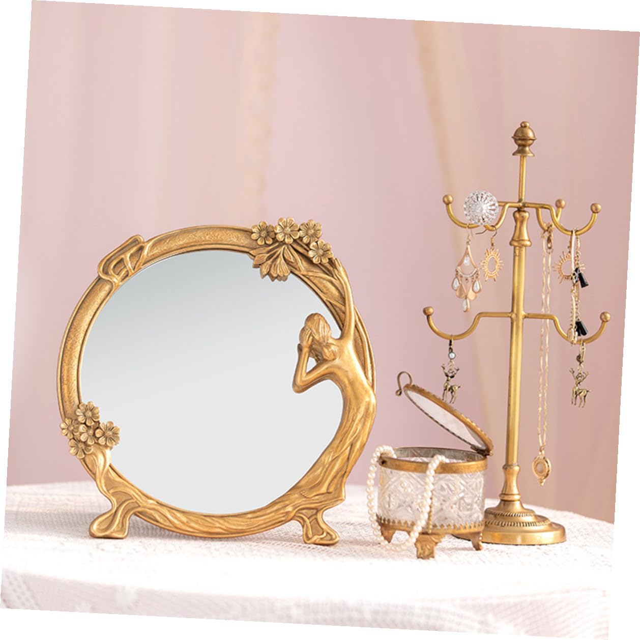 ABOOFAN Vintage Schminkspiegel als Tischspiegel mit Reliefornament, Gold