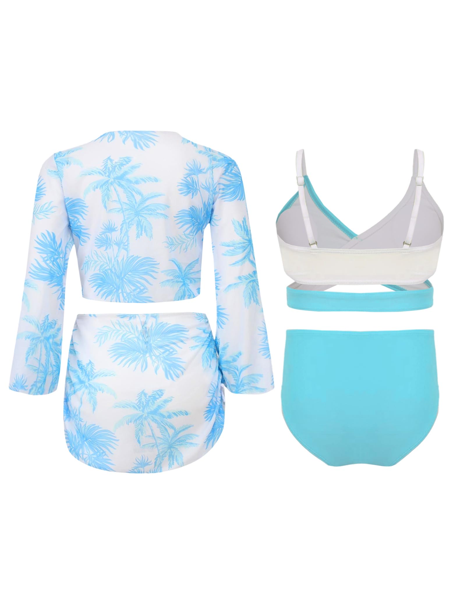 Eandarui Kids Girls 4Pcs Bikini Top and Briefs Swimsuit Swimwear with Chiffon Cover Up Top and Beach Skirt Blue 11-12 Years