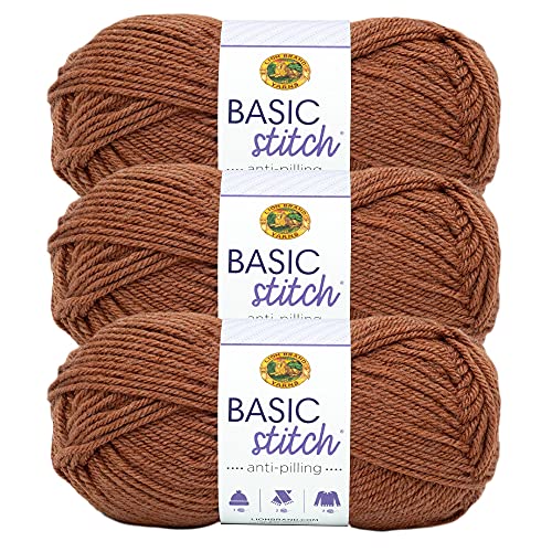 Image of Lion Brand Yarn Basic Stitch Anti-Pilling Yarn for Crocheting, Knitting, and Crafts, Russet Heather, 3 Pack