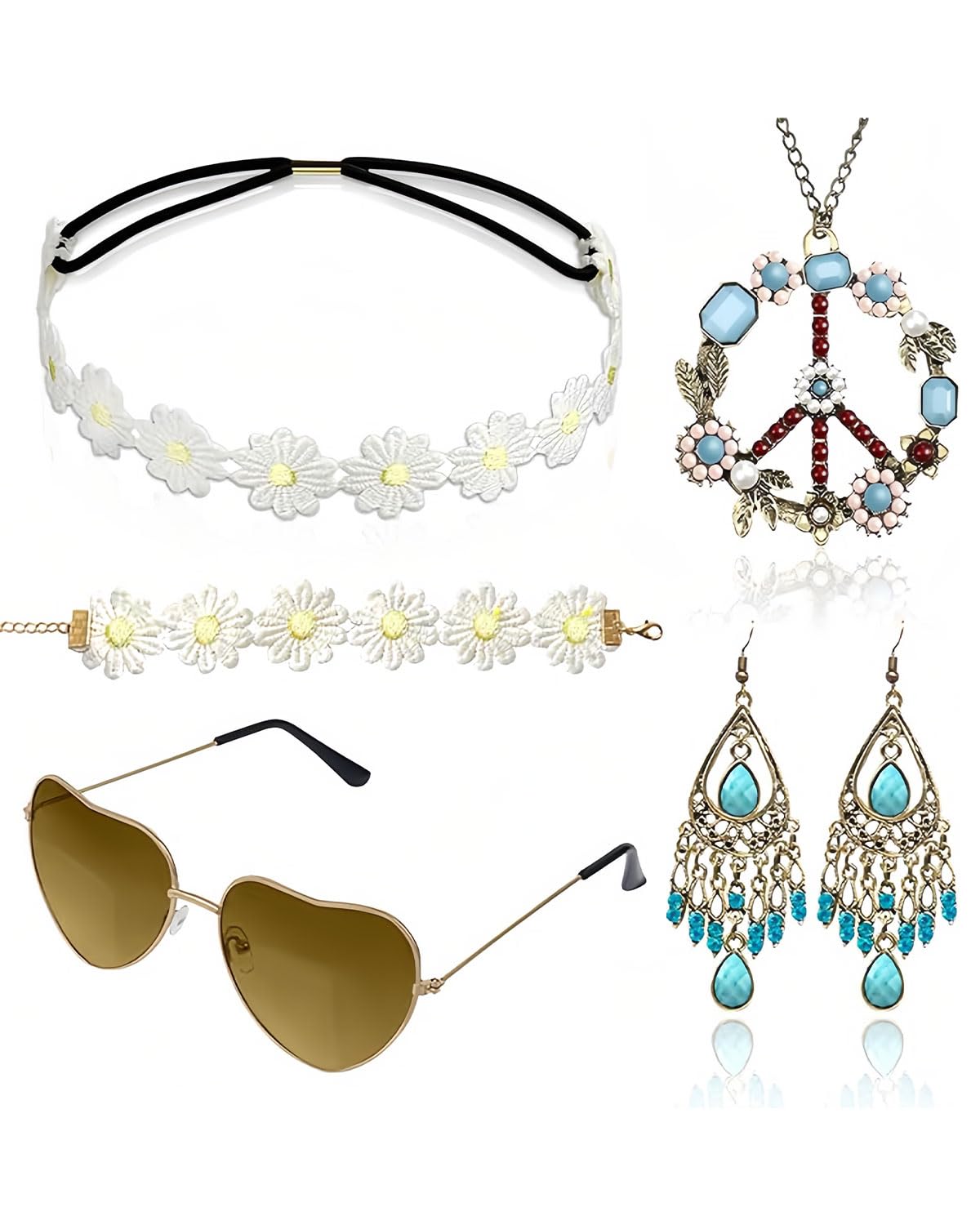 BARRU Hippie Costume Set with Sunglasses 5 Pieces Hippie Clothes for Women Men Accessories for 60s 70s Clothes Peace Symbol Costume Bohemian Necklace Earrings - D