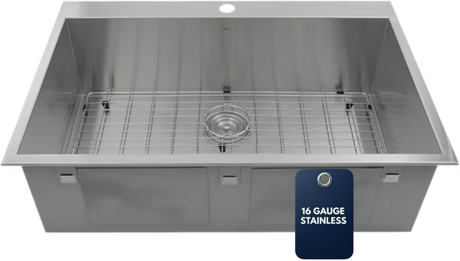 Nantucket Sinks ZR3322-S-16 ZR3322-S-16-33 Inch Large Rectangle Single Bowl Self Rimming Zero Radius Stainless Steel Drop in Kitchen Sink, 16 Gauge-1 Hole