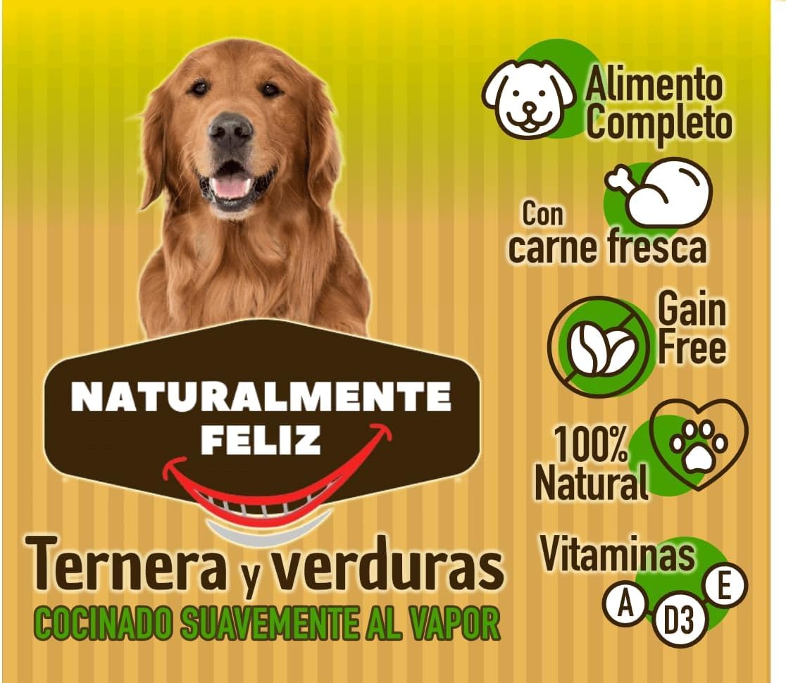 Naturalmente Feliz Alimento Natural casero para Perros, Comida húmeda con Carne Fresca y Verduras - 90% Carne (12x450gr) (Cocido Ternera/Pollo y Verduras)