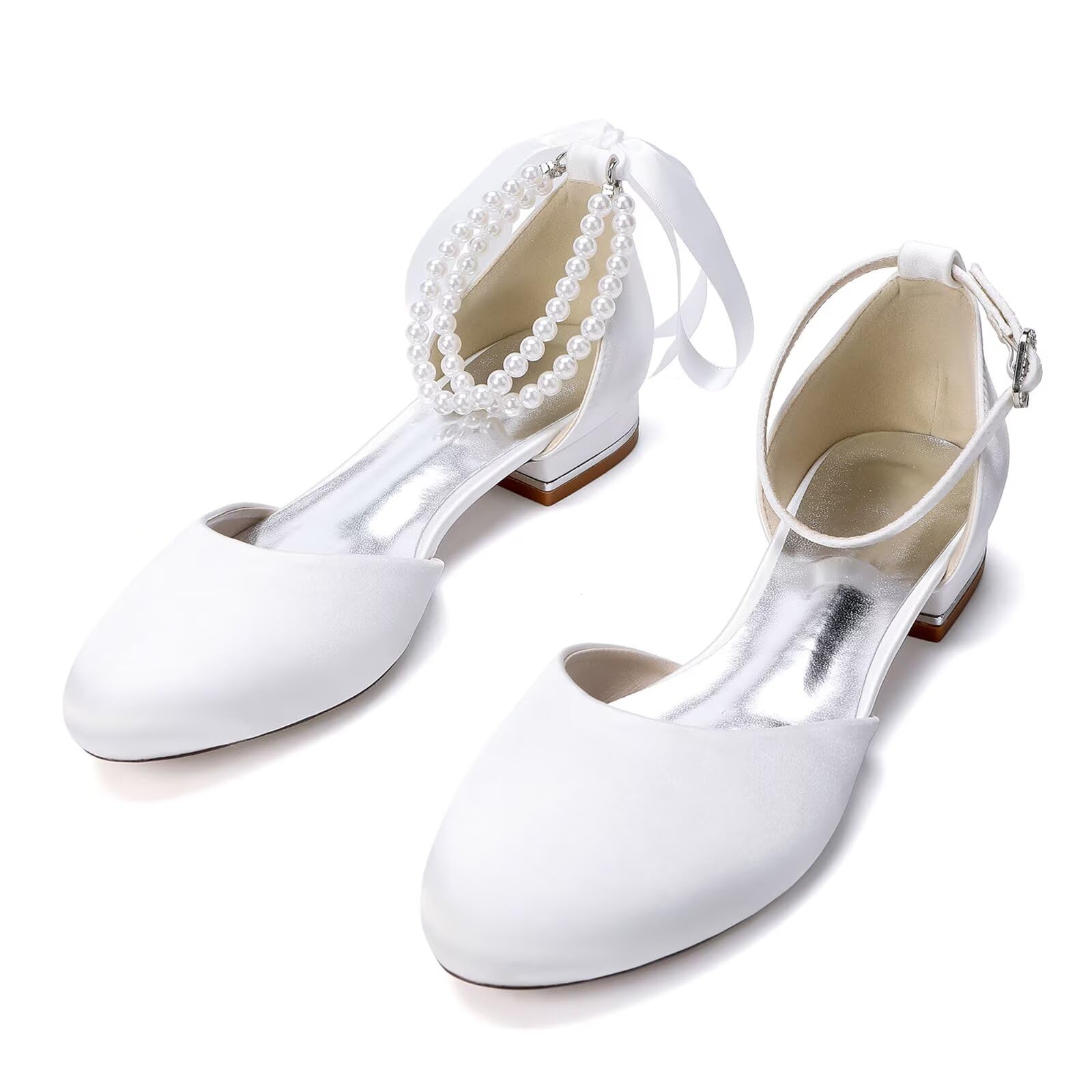 Scarpe da Matrimonio in Raso Donna Tacco Largo Basso Eleganti con Perle Punta a Tonda Scarpe da Ballo Festa Serata Cerimonia
