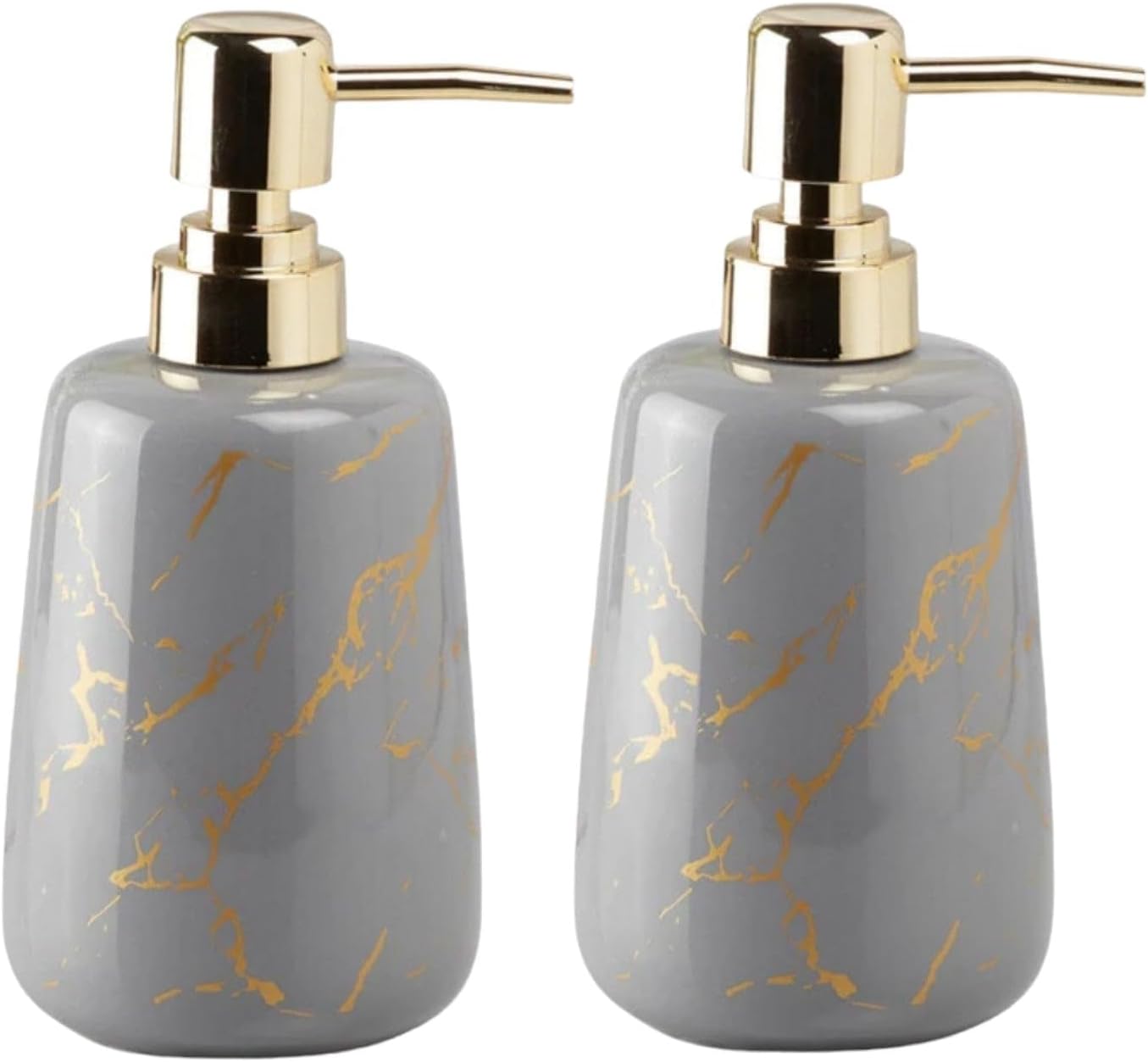 Ceramic Soap Dispenser with Stylish Refillable Pump Bottle for Bathroom Handwash & Kitchen Wash Basin, Perfect for Hand Soap, Lotion, and More, Grey/Gold, (Set of 2) (10824)