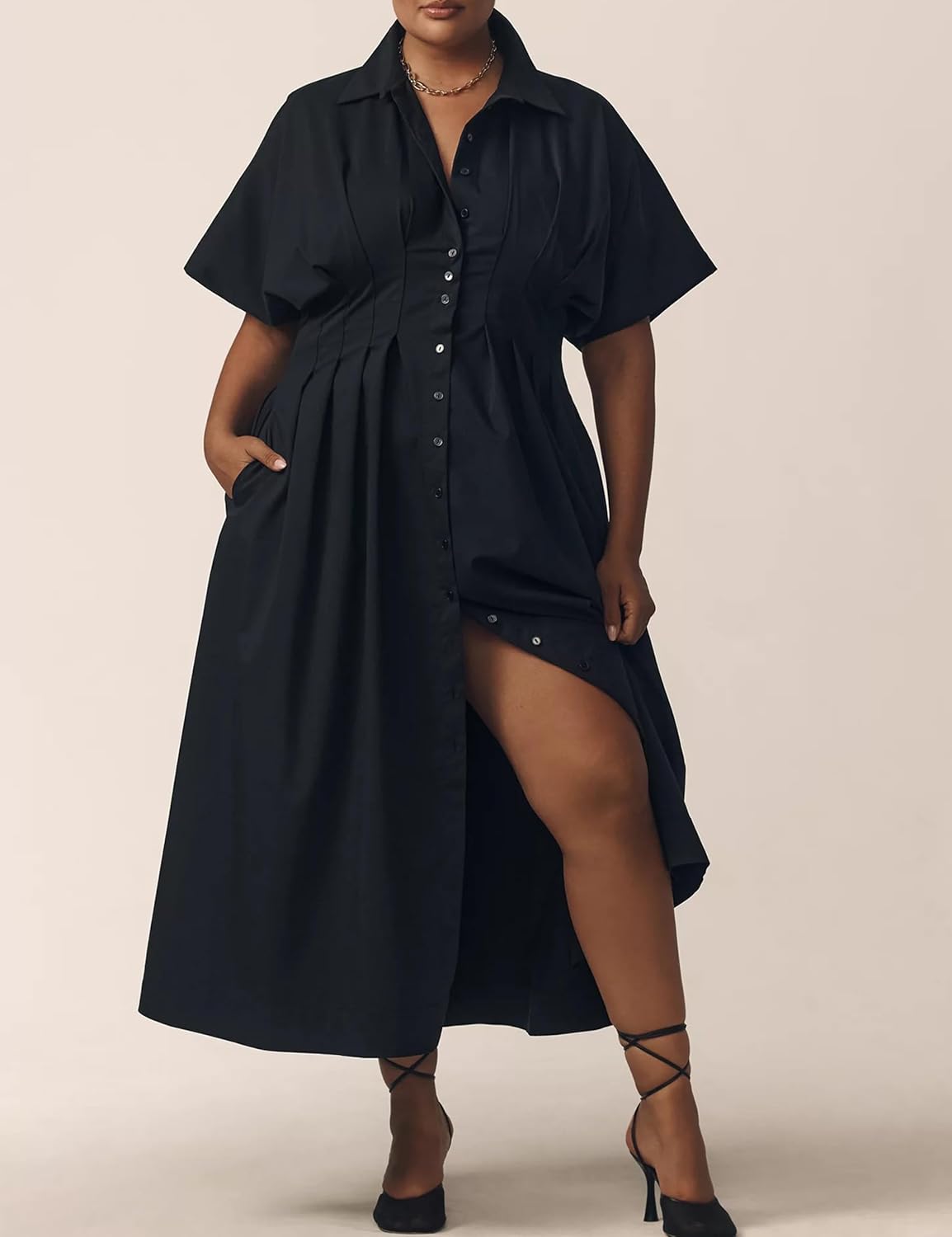 Women Casual Striped Button Down Pleated Shirt Maxi Dress Summer Lapel V Neck Short Sleeve Empire Waist Long Dress - Image 4