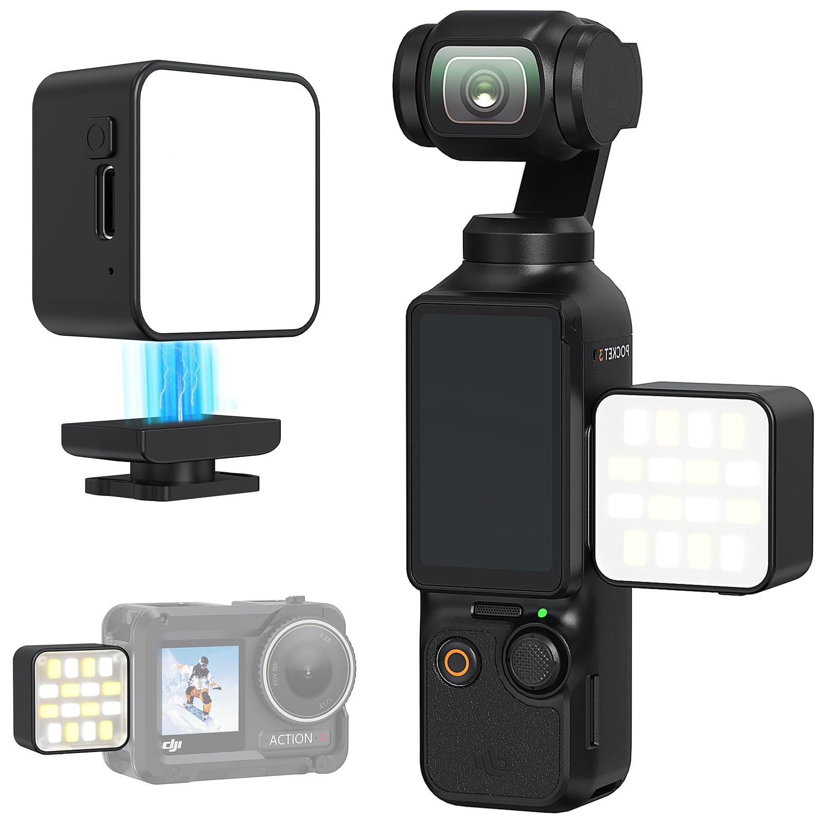 VRIG FD-02 Mini luz magnética de vídeo con parche de metal para DJI Osmo Pocket 3, 3000K-6000K USB-C cámara de acción luz de llenado para DJI Osmo Action 5 Pro/4/3, Pocket 4 y jaulas (negro)