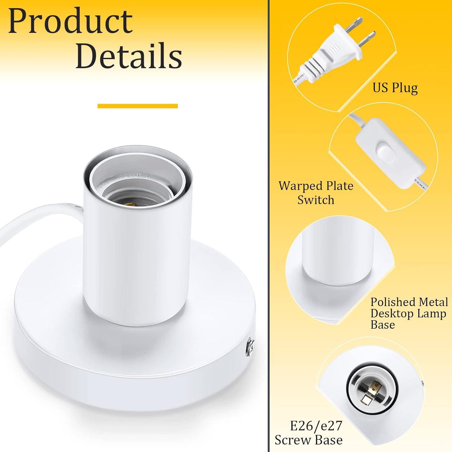 Tuanse 2 Pcs Polished Metal Desktop Lamp Base E26 E27 Screw Light Bulb Holder Sockets Night Light Base Lamp Replacement for Holding Bulb 6 Feet Cord on Off Switch Plug(White)