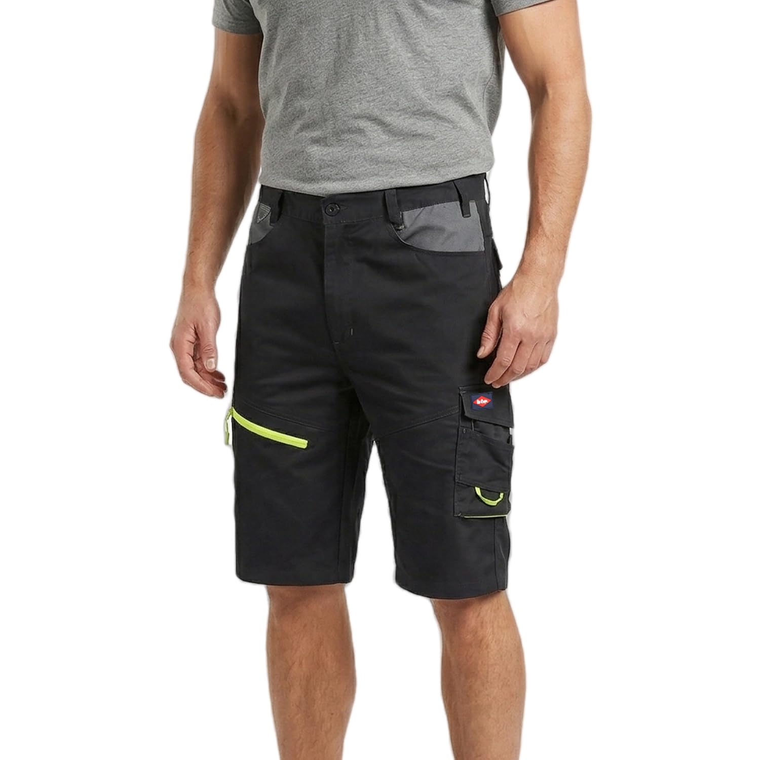 Lee Cooper Men's Hi Vis Work Shorts Reflective Stretchable High Visibility Cargo Detail Multi & Holster Pocket Durable Lightweight Workwear Short Pant for Men Casual Wear (Black/Grey, 34W)