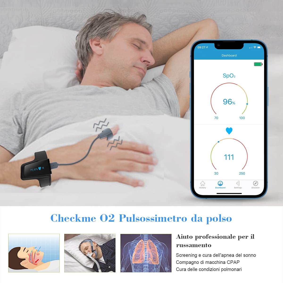 Pulsossimetro da Dito, Saturazione di Ossigeno da Dito Monitor di Ossigeno nel Sonno con Allarme per Notturna, Pulsossimetro da polso Bluetooth con APP Gratuita