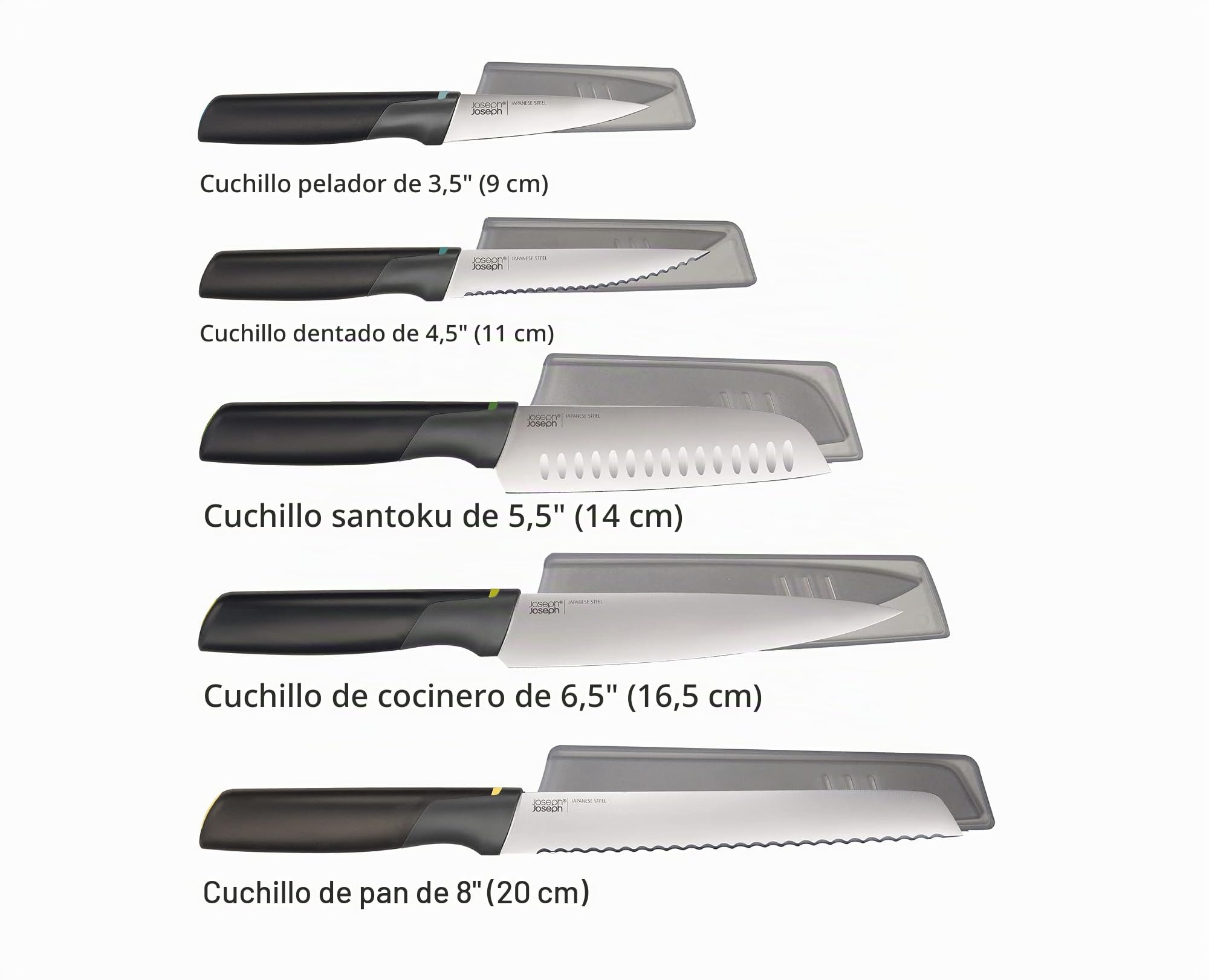 Joseph Joseph Duo Cuchillos Cocina, 5 Piezas, Juego de Cuchillos Profesionales en Acero Inoxidable Japonés, Incluye Cuchillo Chef y Santoku, con Funda Protectora, Negro