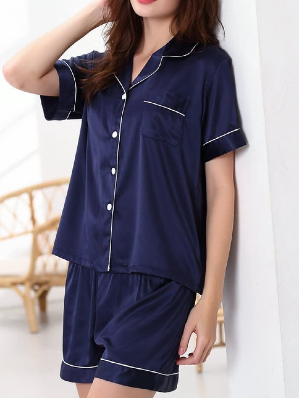 Pijama De Mujer Manga Corta,Pijama De Manga Corta con Botones Azules para Mujer, Conjunto De 2 Piezas, Pijama Suave Y Cómodo para Mujer, Ropa De Descanso, Regalo del Día De La Madre para Esposa, N