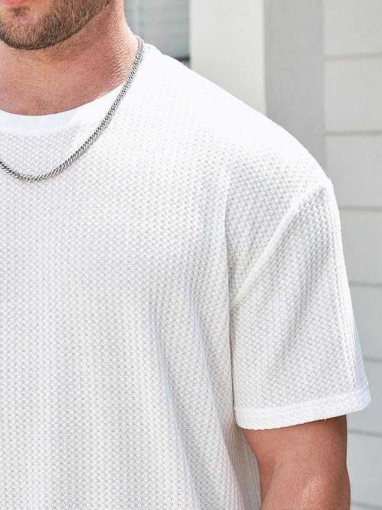 Image of Men Solid Waffle Round Neck Oversized /Dropshoulder |Baggy| Summer T Shirt for Ment Shirt