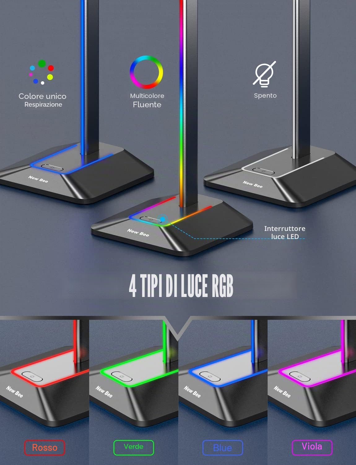 New Bee Supporto Porta Cuffie da Gioco RGB USB-C Caricabatterie Trasferimento Dati Universale Scrivania Nero