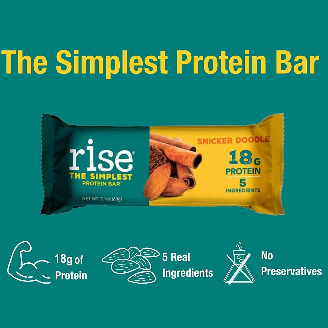 Rise Whey Protein Bar, Snickerdoodle, Healthy Breakfast Snack Bar, 18g Protein Bar 3g Dietary Fiber, 4 Natural Whole Food Ingredients, Simplest Non-GMO, Gluten Free, Soy Free Bar