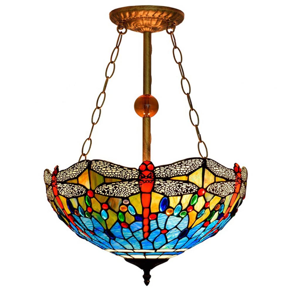 FYZDLAOR Blue Dragonfly Pattern Tiffanystyle Inverted Pendant Lights Chandelier 16 Inches Wide 3 Light Fixture for Dining Living Room Bedroom Hallway Foyer Kitchen Entryway