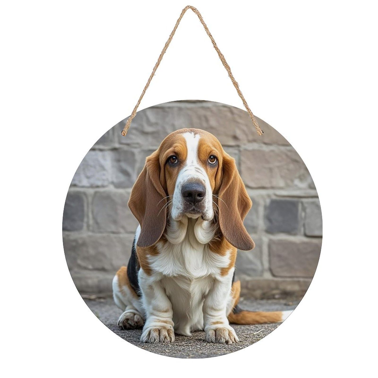 LZQPOEAS Basset Hound Wall Art Decor Round Wood Hanging Sign Rustic Vintage Wooden Door Hanger with Ropes Decorative Plaque Welcome Sign for Home Indoor Outdoor, 7.9x7.9 in