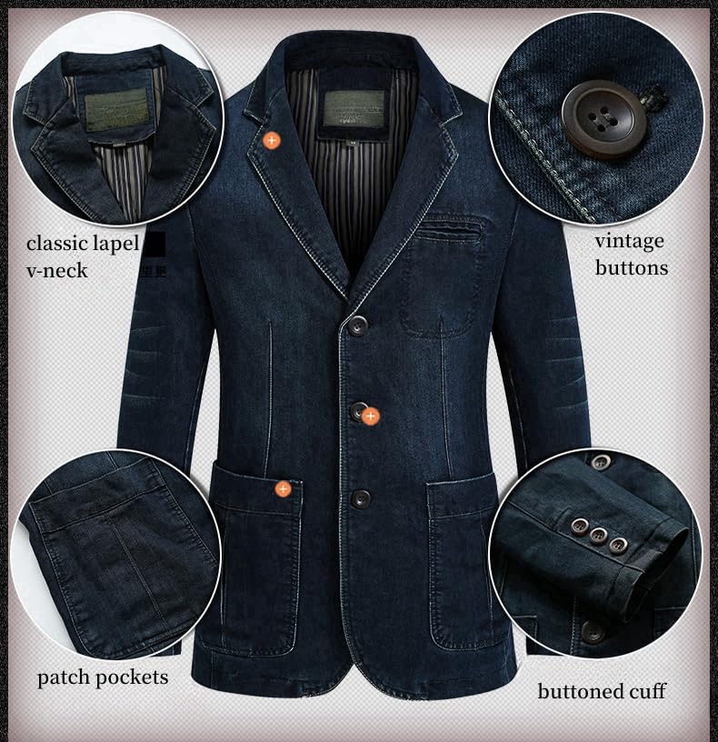 Blazer pour Hommes Coupe Régulière Veste en Jean Vieilli Col Cranté Classique Veste De Costume en Jean À Deux Boutons Manteau De Sport Décontracté Smoking avec Poche