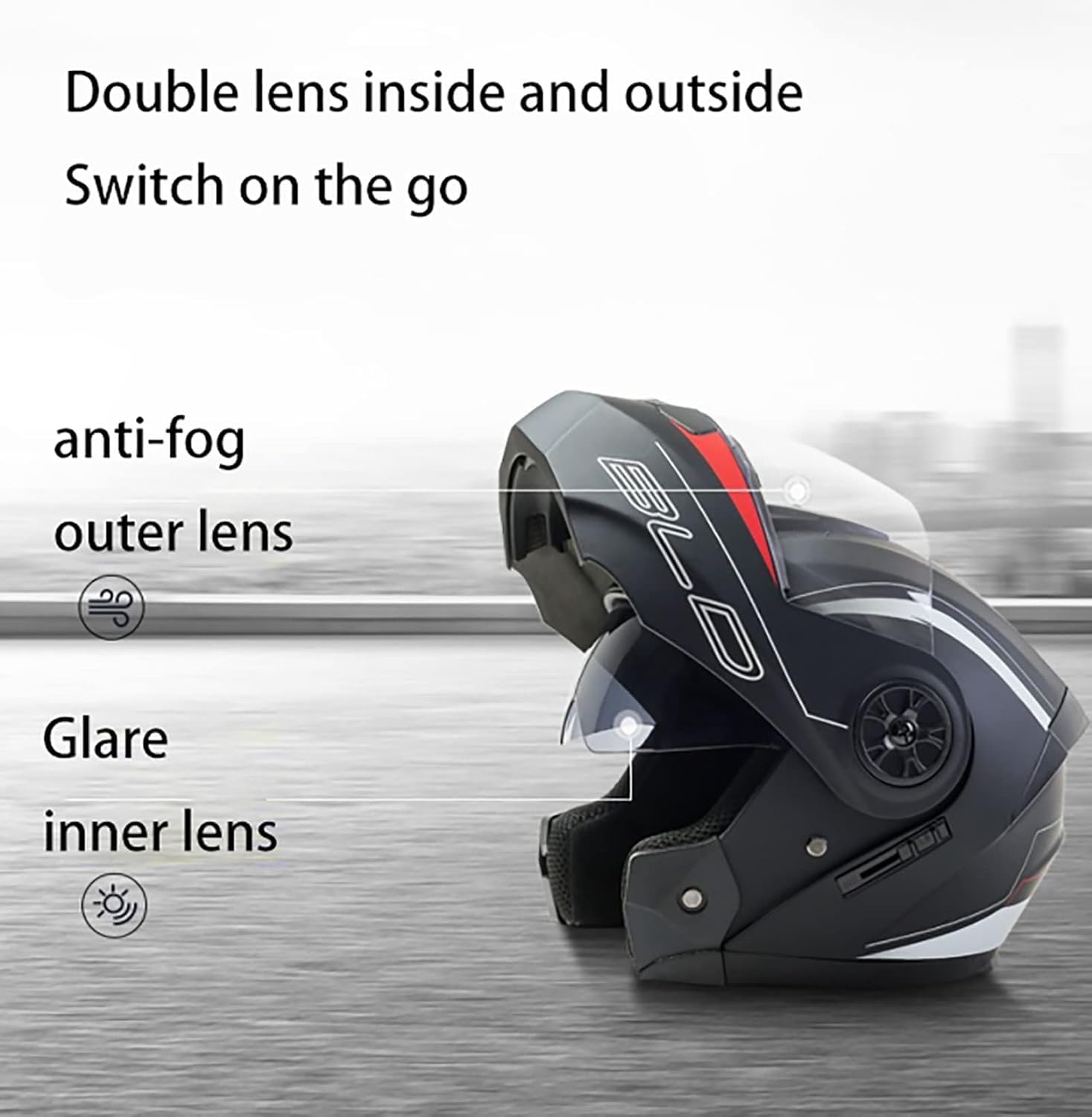 Motorradhelm mit DOT/ECE-Zugelassener Helm Motorrad Klapphelm Integrierter Motorradhelm mit Anti-Fog-Doppelvisier Vollgesichts Motorrad Rennhelm für Erwachsene X,XL61-62CM
