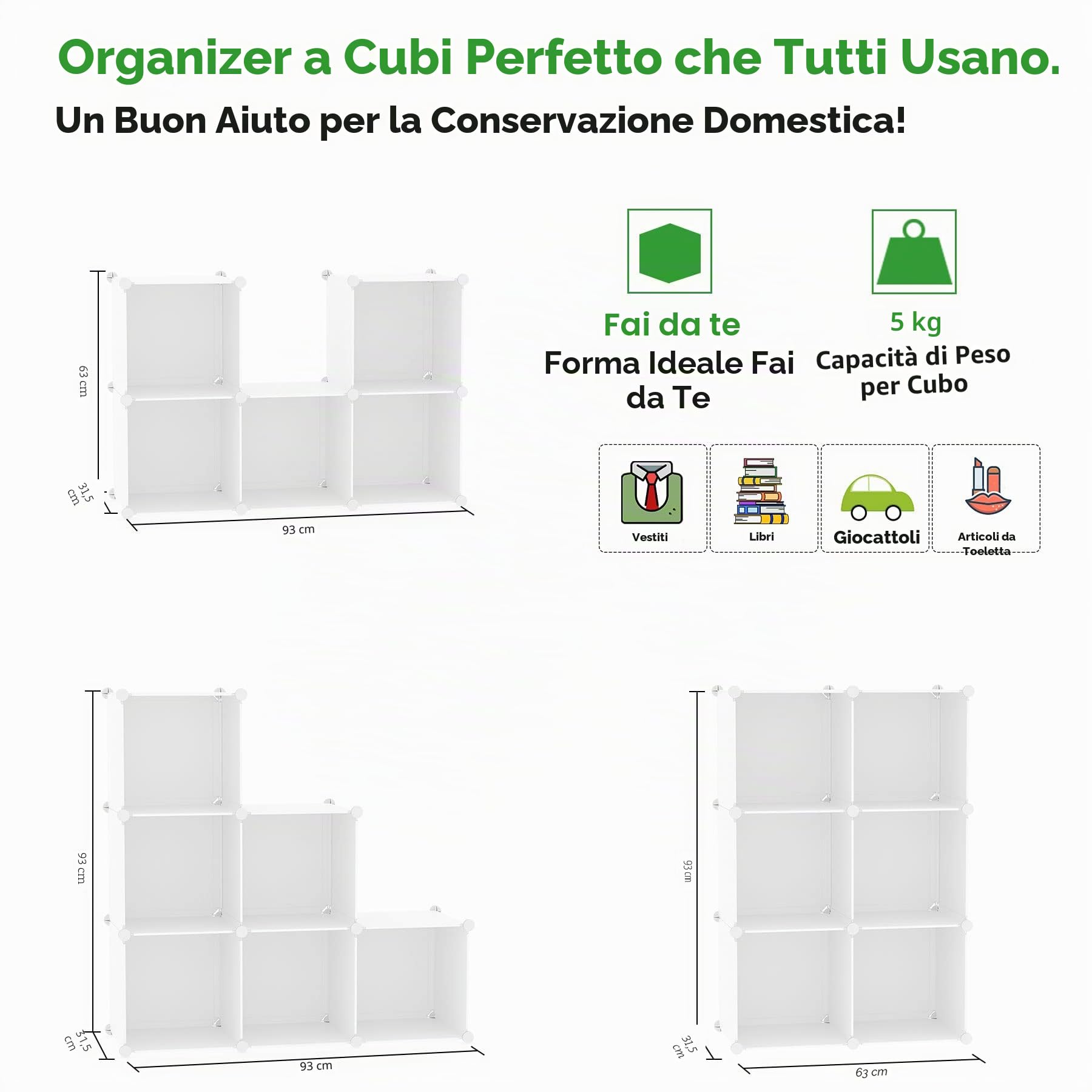 C&AHOME Organizzatore di contenitori a cubo, scaffali a 6 cubi, armadio, scaffale modulare in plastica fai-da-te, ideale per camera da letto, soggiorno, ufficio, 36,6 "L x 12,4" L x 36,6 "H Latteo