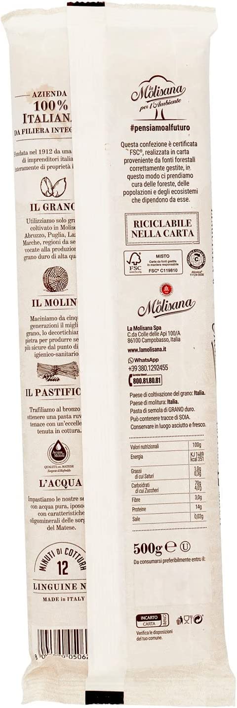 La Molisana Linguine N.6 Pasta Lenta Lavorazione Pastas de sémola de trigo duro, dibujo de bronce, 500 g + 2 Polpa italiana Gourmet