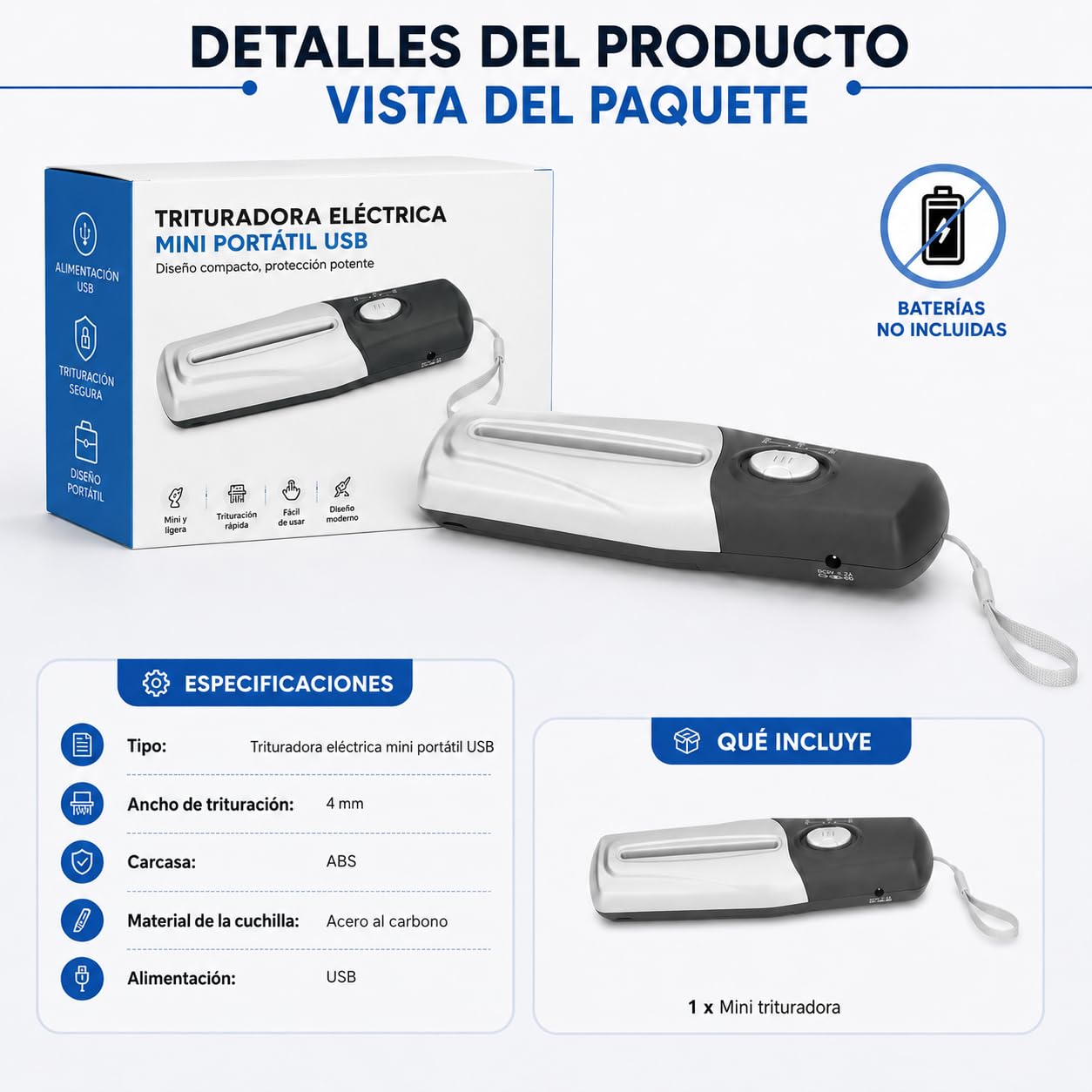 Trituradora de Papel Eléctrica Portátil Mini USB, Destructora eléctrica de Documentos y Papel para Oficina, Escuela y Casa, 4mm