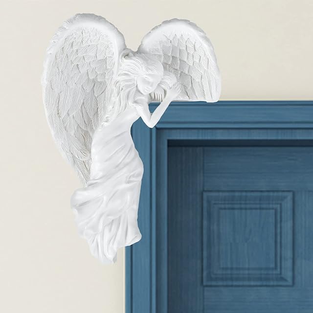 Angel Door Frame Ornament, Vintage Style Shabby Chic Angelic Figurines, White Heart-Shaped Angel Wings, Unique Antique Look Creative Art Wall Decoration for Home Door Indoor Decor(A)