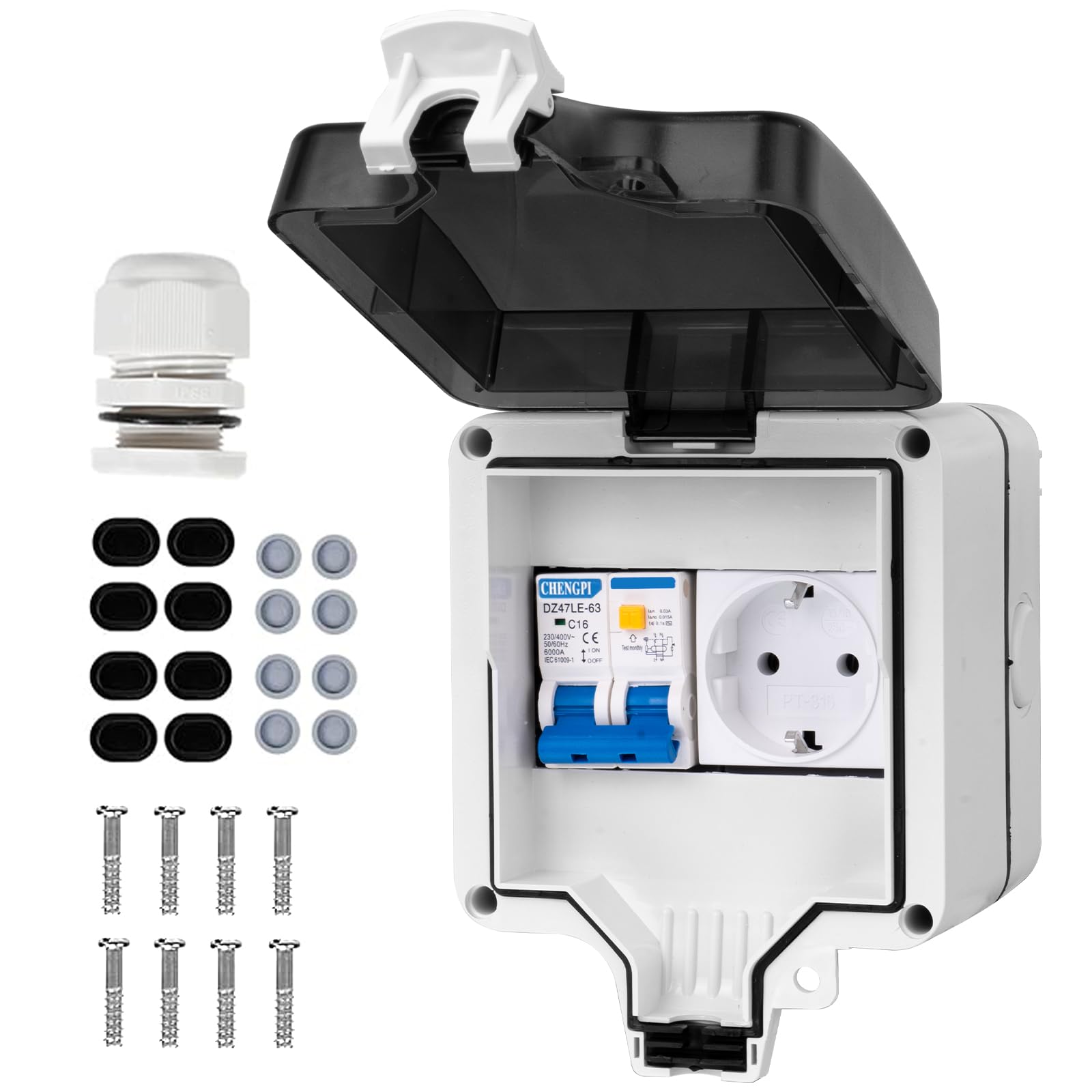 Caja Distribucion Electrica Montada En Superficie, Cuadro Electrico Premontado con Protección Contra Fugas 16A y Enchufe, Caja de Distribución Impermeable IP66|4 Módulos