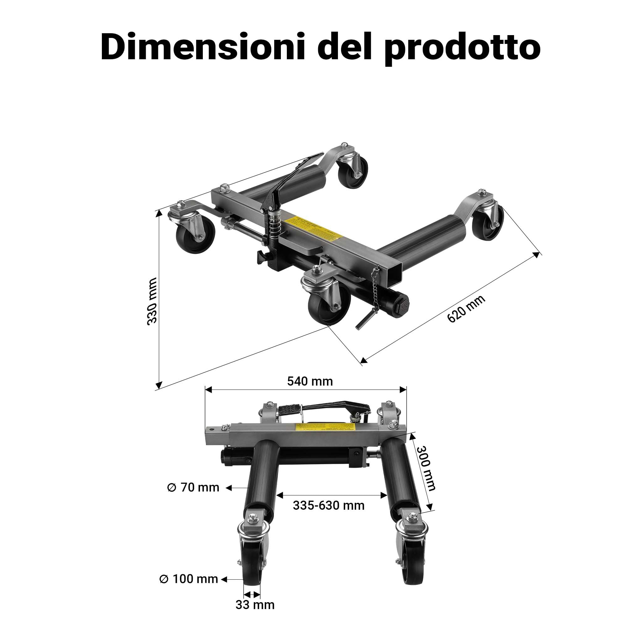 Carrelli sposta auto con cric idraulico 2x 680kg Per pneumatici larghi max 30cm Nero