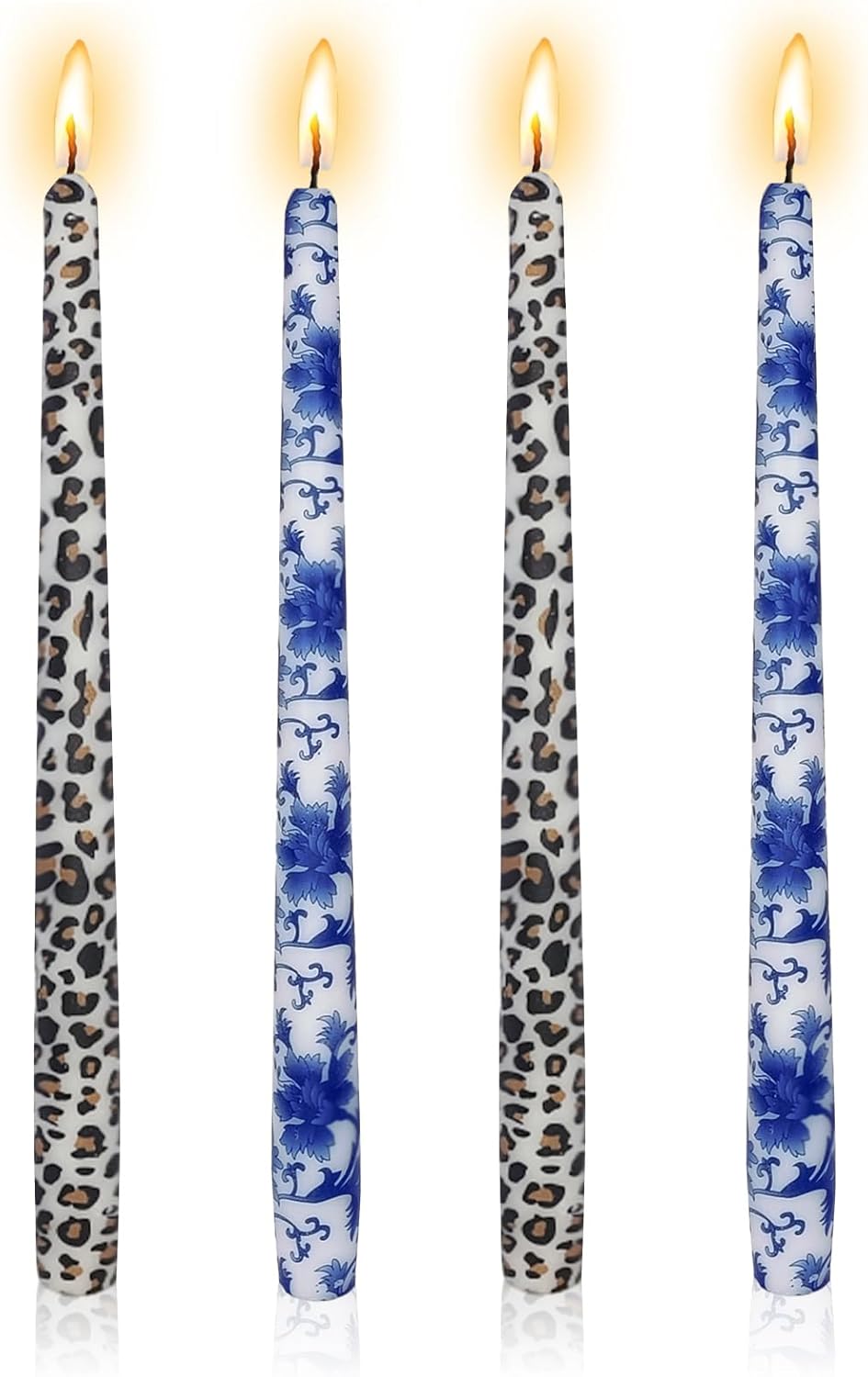 NJAO HOO 10 in Straight Taper Candles Hand Printing Leopard & Blue&White Candlesticks Tall Tapered Candle Sticks for Home Garden Decor Simple Modern, 4Pcs