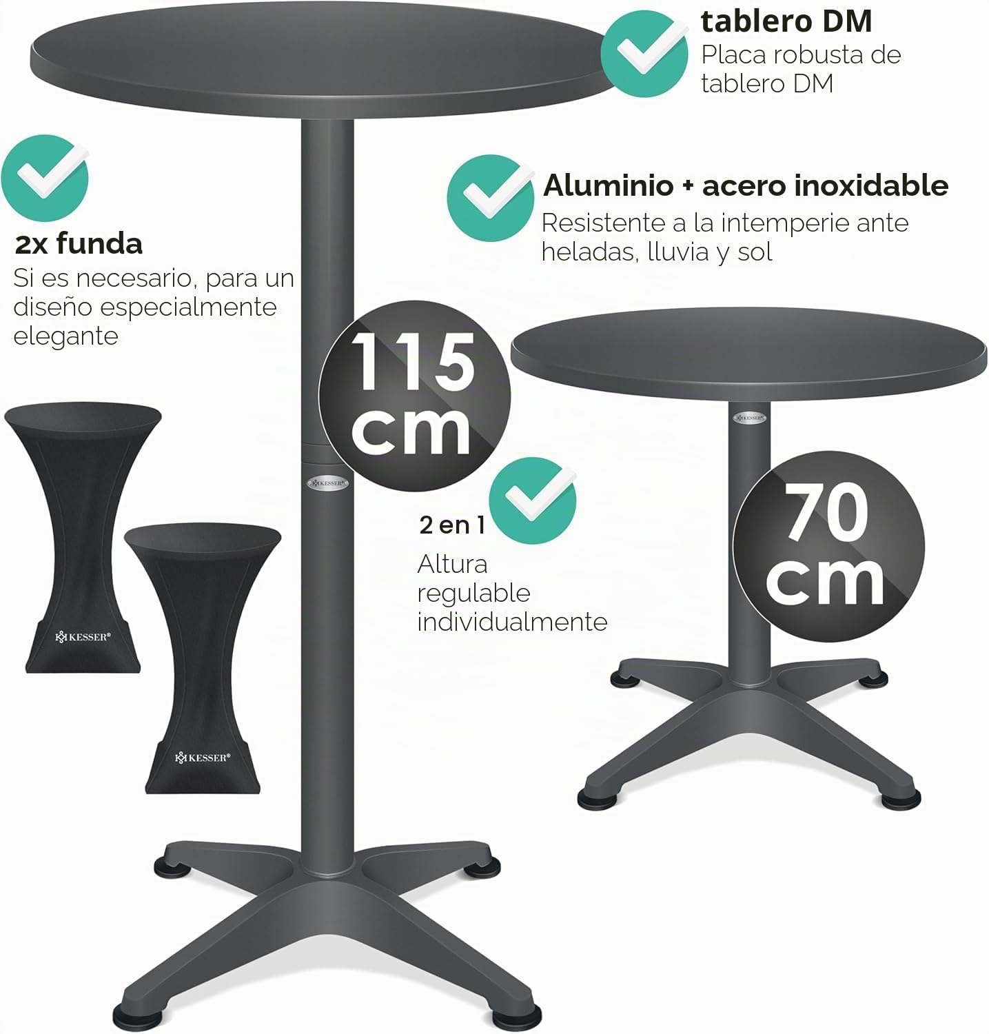 KESSER® Juego de 2 mesas altas 2 en 1, placa de aluminio y acero inoxidable, altura regulable 70 cm/115 cm, mesa de fiesta de 80 cm de diámetro, redonda, para interior y exterior, incluye funda