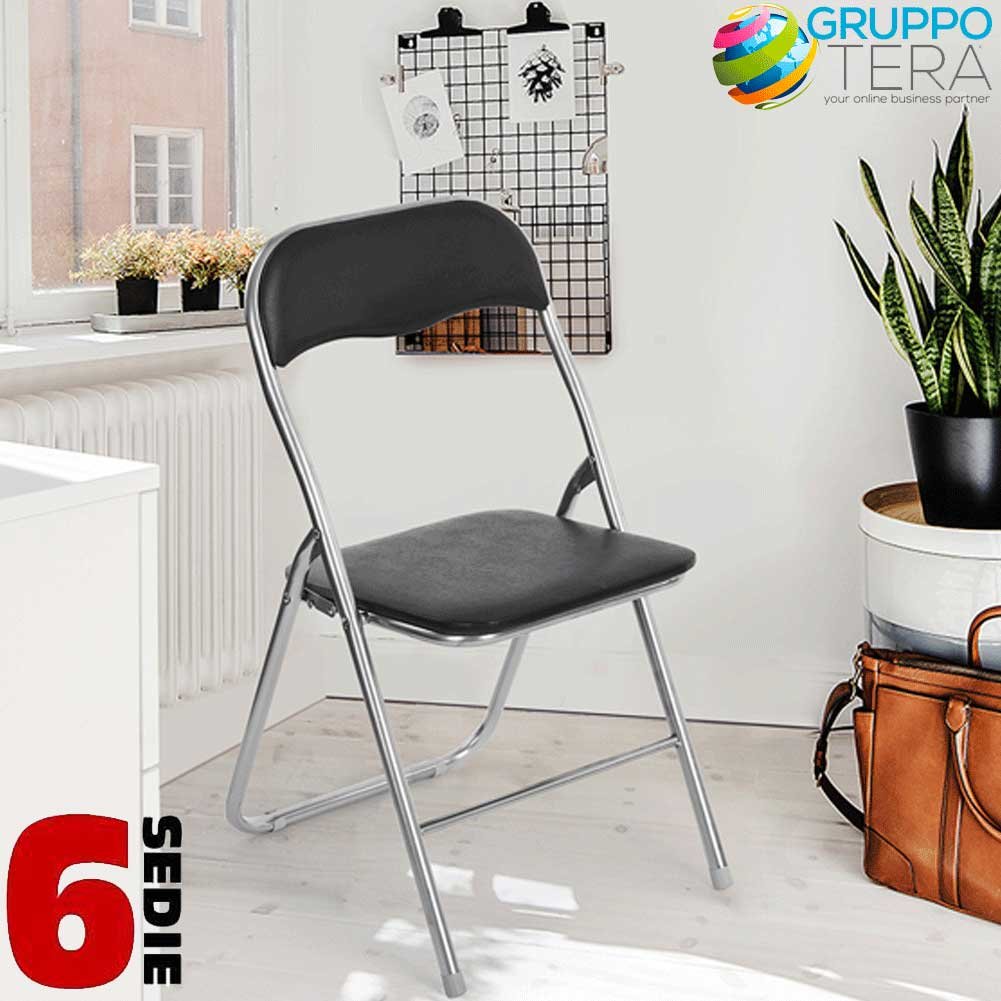 BAKAJI Set 6 Sedie Pieghevoli Imbottite Salvaspazio con Struttura in Metallo Cromato e Piedini Antiscivolo Sedia Metal (Nero)