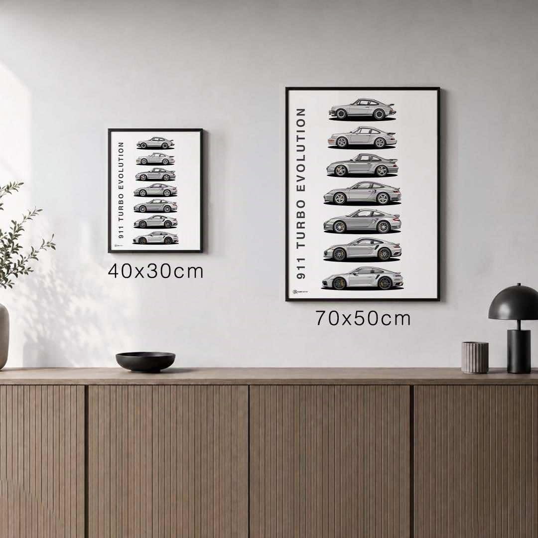 Cartistry Auto Poster 911 Turbo Generationen (70x50cm, Holzrahmen Schwarz) | Geschenk für Männer, Geschenk für Autoliebhaber