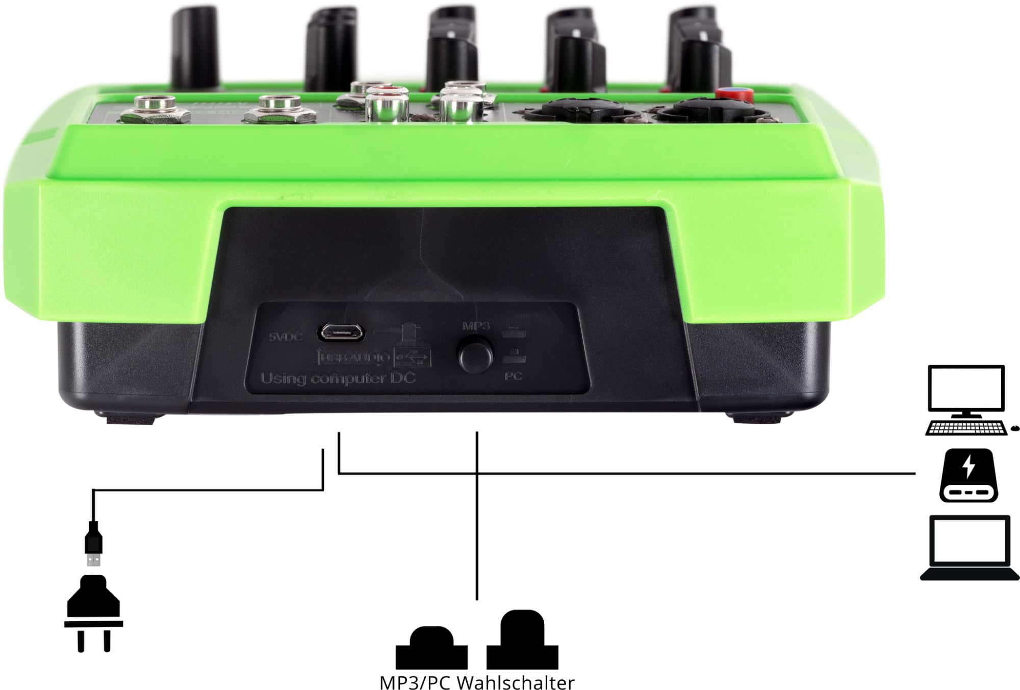 Pronomic Mini4 Mixer USB - Mixer 4 Canali Alimentato via USB - 2 Canali con Combo Jack - Ingresso Stereo - Media Player/Recorder con Bluetooth e USB - Interfaccia Audio - Verde