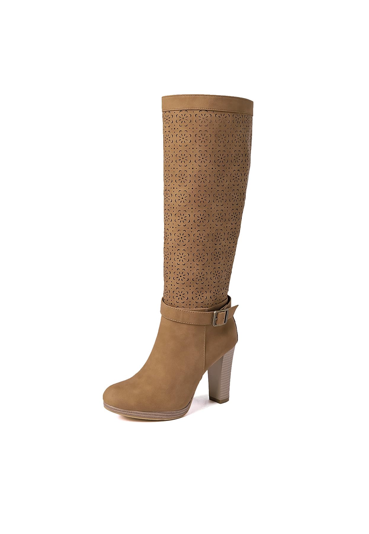 QUEEN HELENA Stivali Alti Traforati con Tacco con Zip Laterale Casual Donna X30-111
