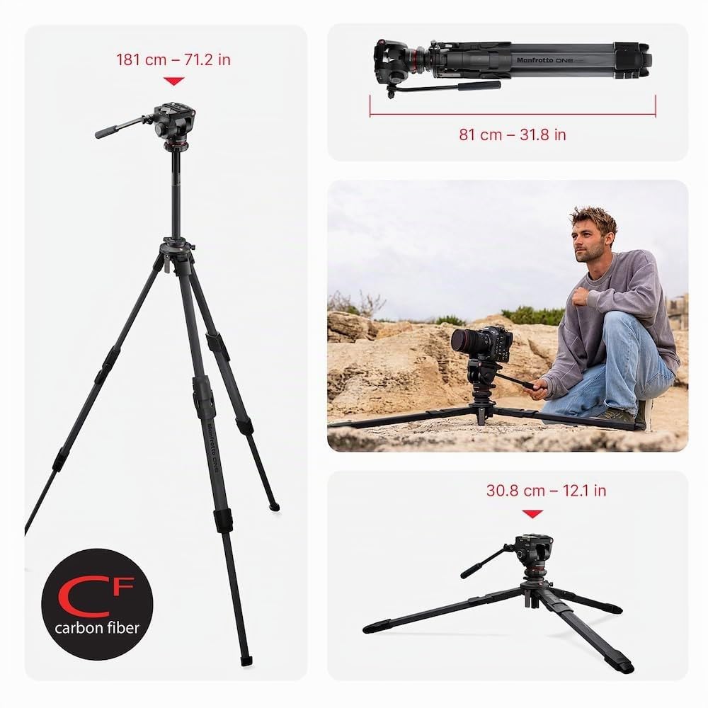 Manfrotto 500X Rotule Vidéo Fluide et Trépied Hybride One, Kit Photo & Vidéo, Carbone, Charge5 kg, Colonne à Niveau, Colonne Horizontale 90°, Système Quick Release, Appareils Photo Reflex & Hybrides