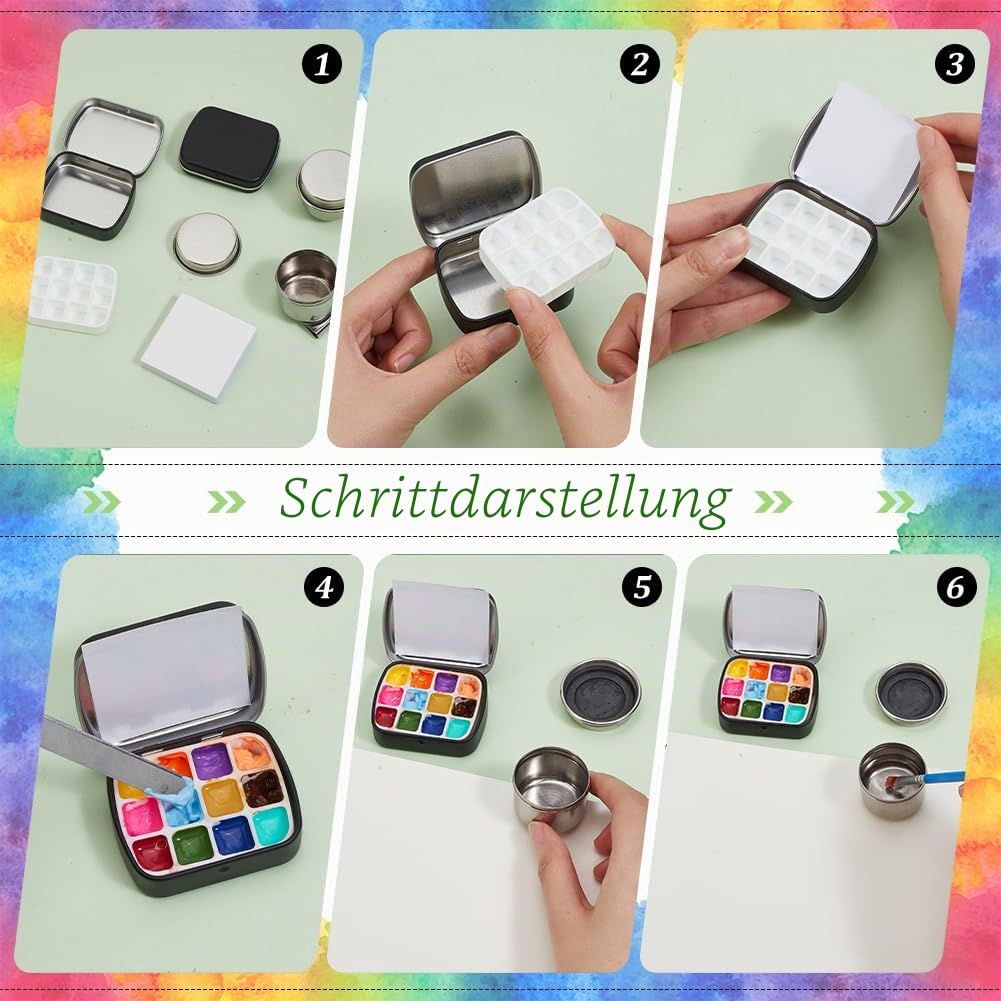 PH PandaHall tragbare Mini Blechdose mit 12 Well Aquarellpalette, Farbmischtablett, Farbaufbewahrungsbox, Reisekünstler, Outdoor Skizzenpaletten Kits mit Öltopf und Malpapier