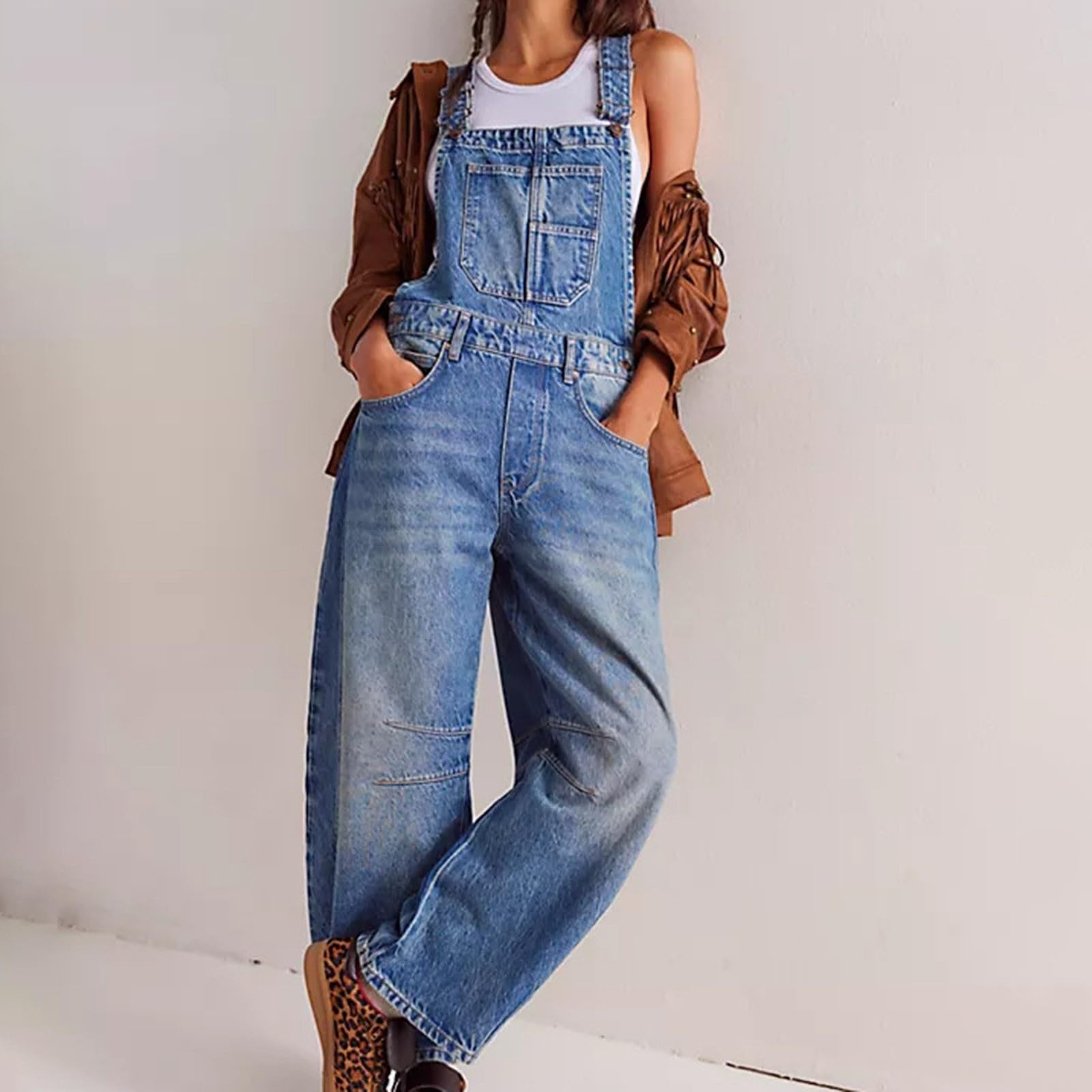 Salopette Donna Jeans Estiva Baggy Tuta Pantaloni Lunghi in Denim Elegante Oversize Pantaloni da Lavoro A Gamba Larga con Spalline Regolabili E Tasche Alla Moda Tinta Unita Per Il Tempo Libero
