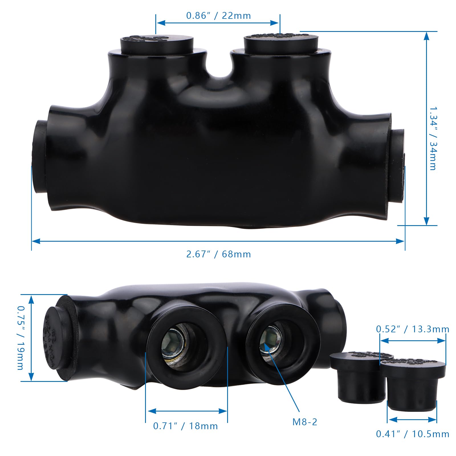 Baomain 2PCS Insulated in-line Splice Connector Wire Connectors Multi Cable Connector, 2 Ports 2-14 AWG Wire Range Pre-Filled and Dual Sided Entry Dual Rated, Black PVC Coated Ul Listed