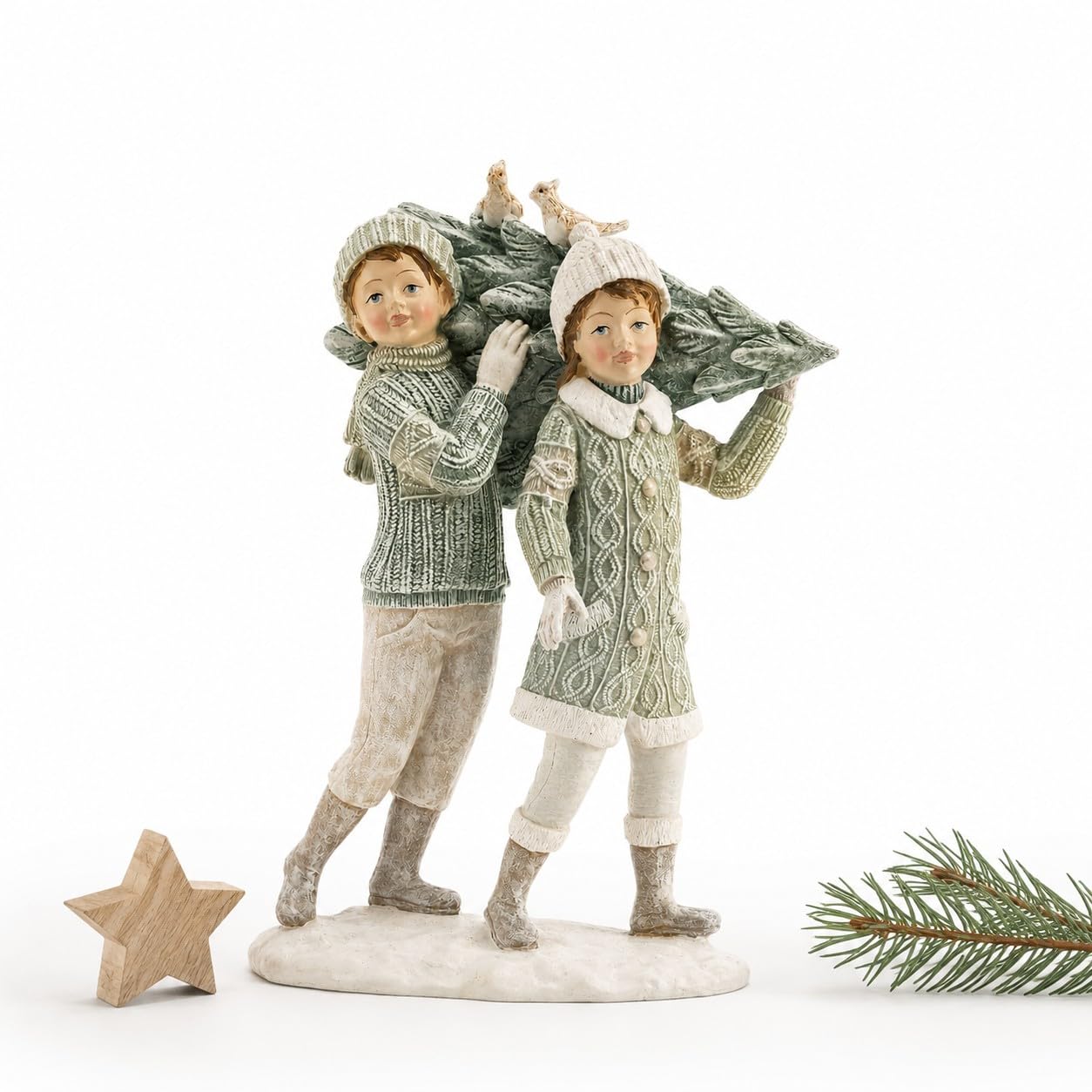 Deko-Figuren Winter-Kinder Mädchen & Junge mit Tannenbaum & Vögeln Pastellfarben Weihnachts-Dekoration in weiß Creme & grün Weihnachten Weihnachtsschmuck Advent Winter Geschenk-Idee