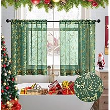 XTMYI Green Kitchen Curtains for Christmas Decorations,Holiday Cafe Short Sheer Small Window Evergreen Curtains for Bathroom Kids Bedroom Bath Room,Set of 2 Panels,24 Inch Length
