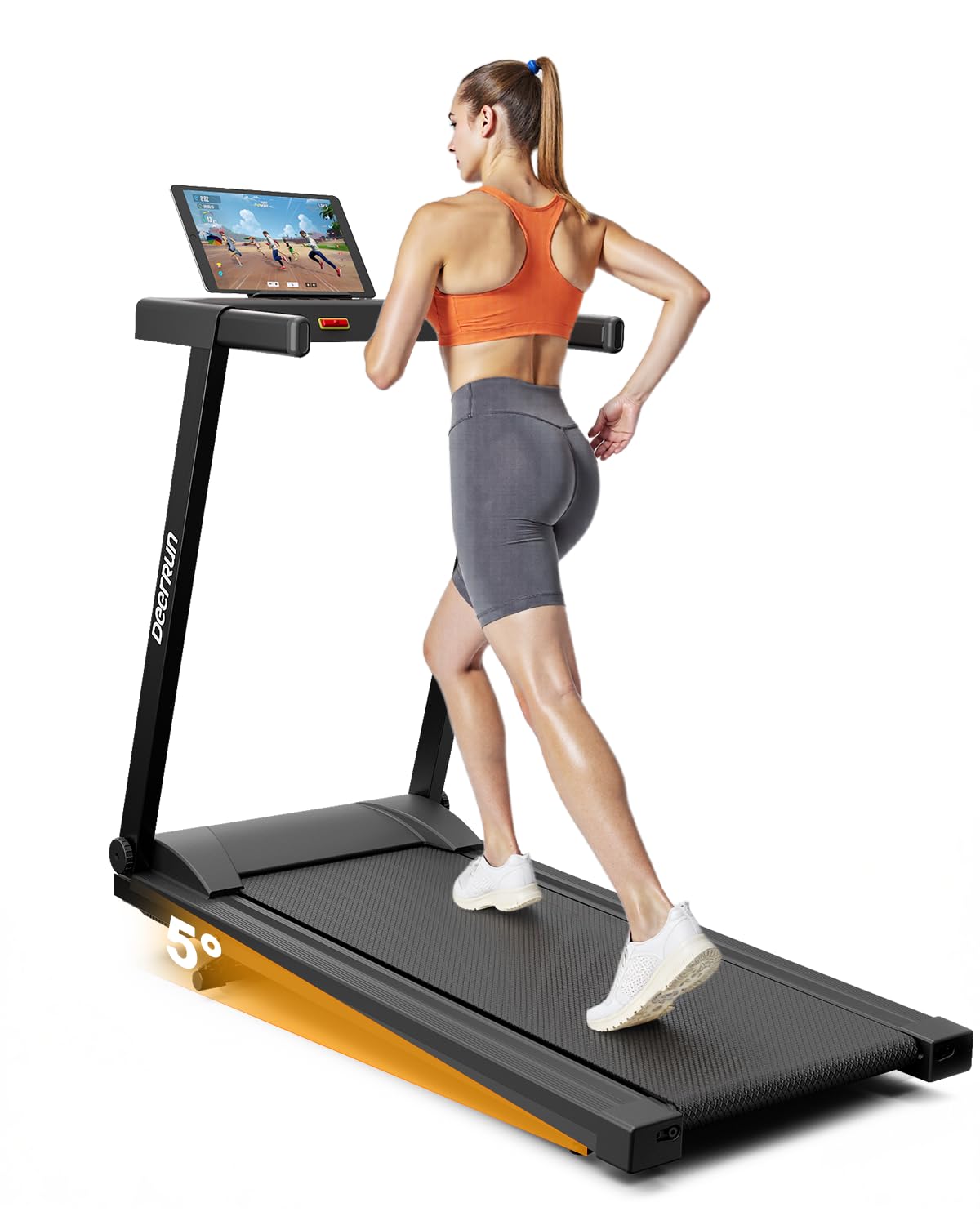 DeerRun Treadmills for Home with 5% Incline and Handles, 3.0 HP Foldable Walking Pad Treadmill 300 LBS Weight Capacity for Small Spaces, Folding Running Machine with Smart APP
