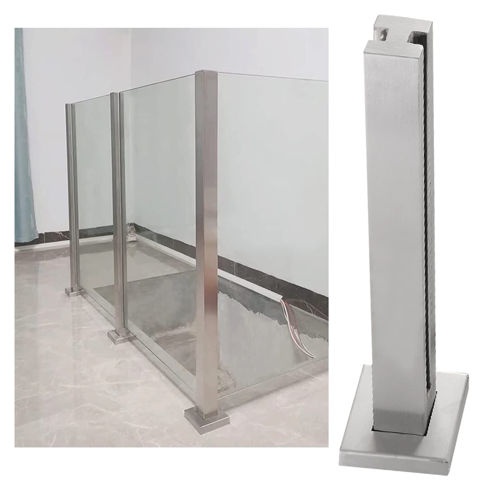 Barandilla de vidrio exterior con abrazadera metálica y soporte vertical de poste cuadrado
