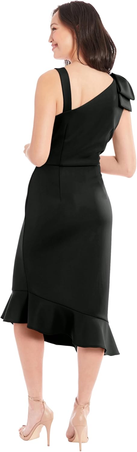 London Times One-Shoulder Ruffle Midi Fit and Flare Bow | Wedding Guest Dresses for Women - Image 4