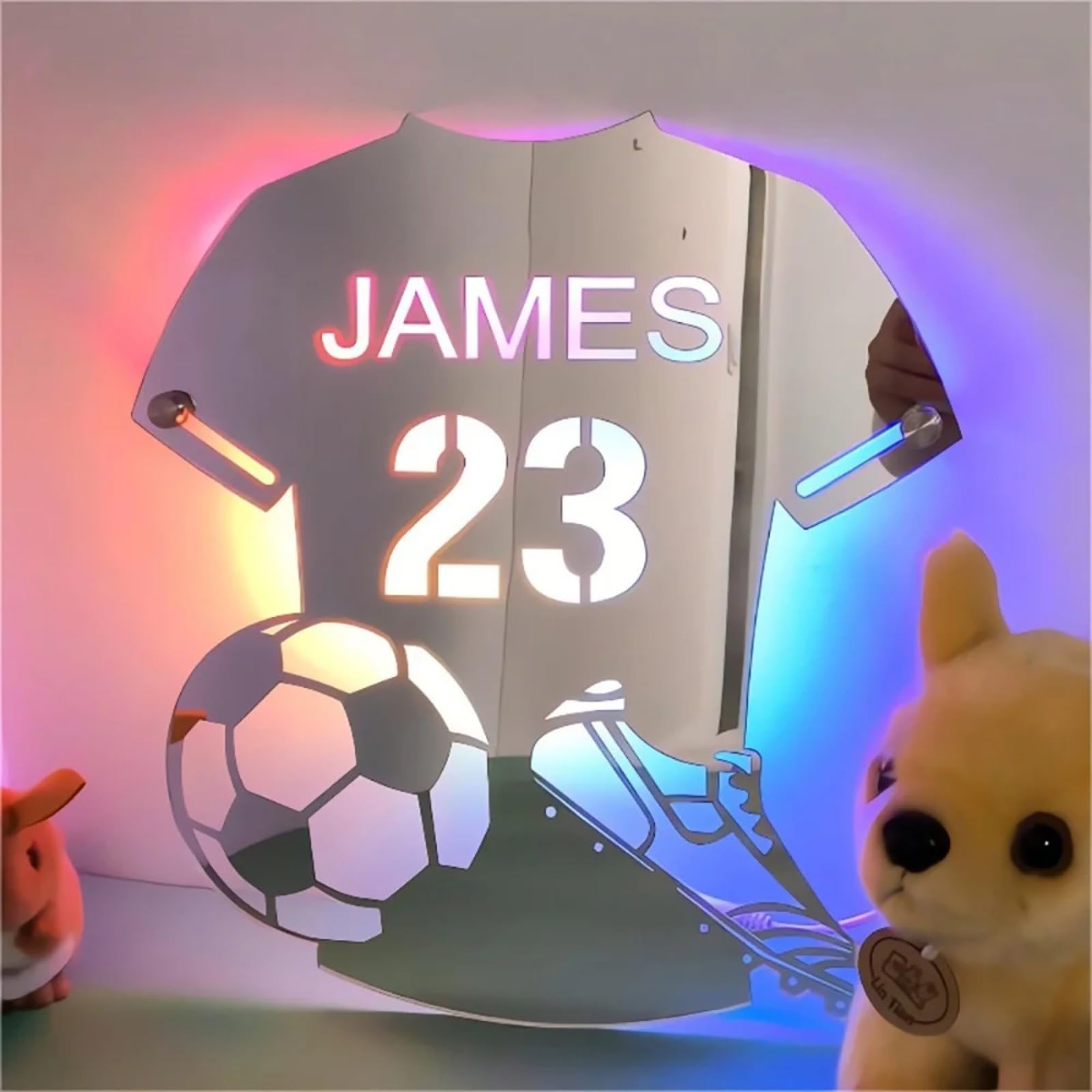 Specchio luminoso personalizzato jersey da calcio pannello nome luminoso decorazione da parete regalo di Natale, compleanno bambini, papà, dilettanti calcio (37 x 42 cm)