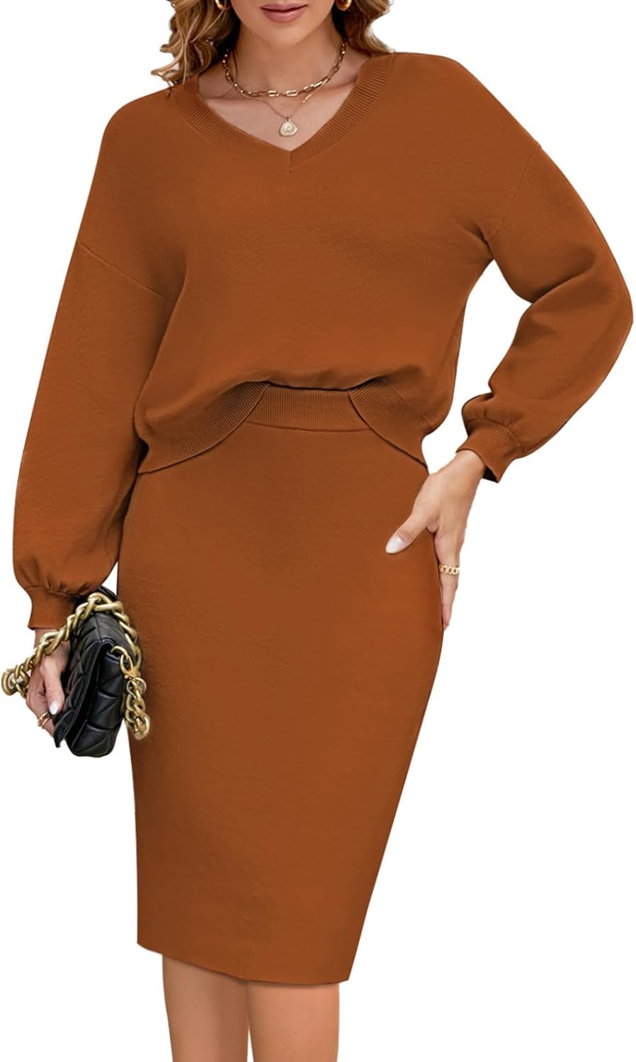 HUUSA Women 2 Piece Sweater Midi Pencil Skirt Set Fall Winter Split Dress Batwing Long Sleeve Oversized Top Casual Outfit - Image 8